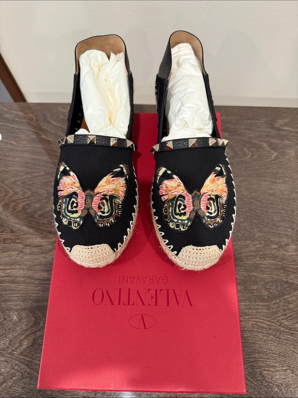 Valentino Black Espadrille Mules with Multicolor Butterfly Embroidery